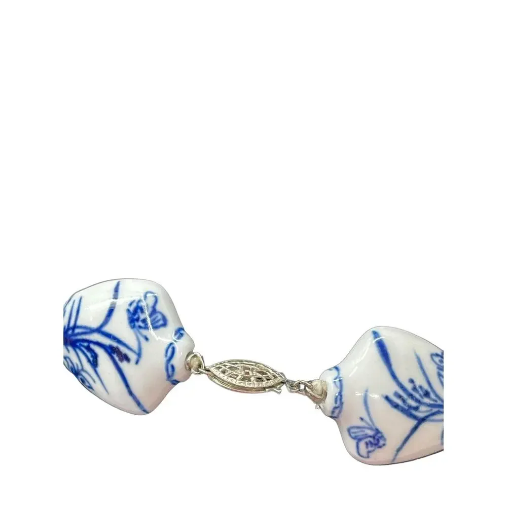 Vintage Chinese Export Beaded Porcelain Necklace Knotted Blue White